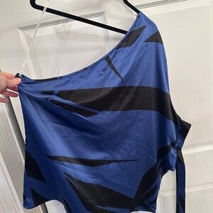 Halston Heritage Blue and Black One-Shoulder Top